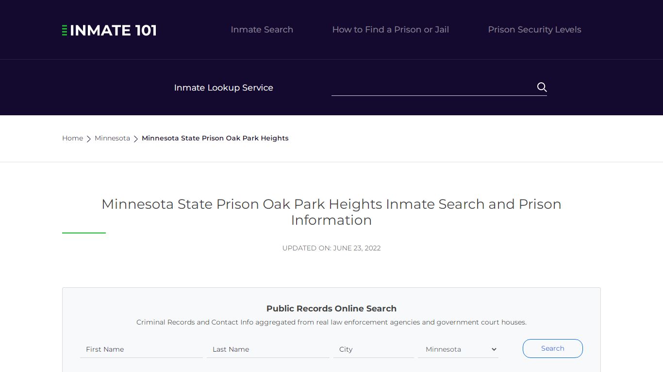 Minnesota State Prison Oak Park Heights Inmate Search ...